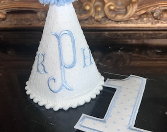 White Swiss Dot Party Hat with Monogram-First Birthday Hat-First Birthday-Party Hat-Cake Topper-Monogram Birthday Hat-Personalized Hat