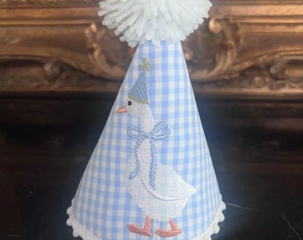 Personalisierte Blaue Gingham Gans-Geburtstags-Party-Hut