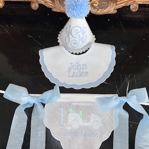 Personalized Classic Golf Themed First Birthday Banner-Monogrammed White Swiss Dot Birthday Party Hat-Double Scalloped Personalized Bib
