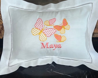 Exquisite Personalized Cotton Hemstitched Baby Pillow For Baby's Nursery-Monogram Baby Pillow-Baby Shower Gift-Butterfly Pillow