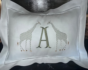 Exquisite Personalized Cotton Hemstitched Baby Pillow For Baby's Nursery-Chic Monogram Baby Pillow-Baby Shower Gift-Giraffe Bedding Pillow