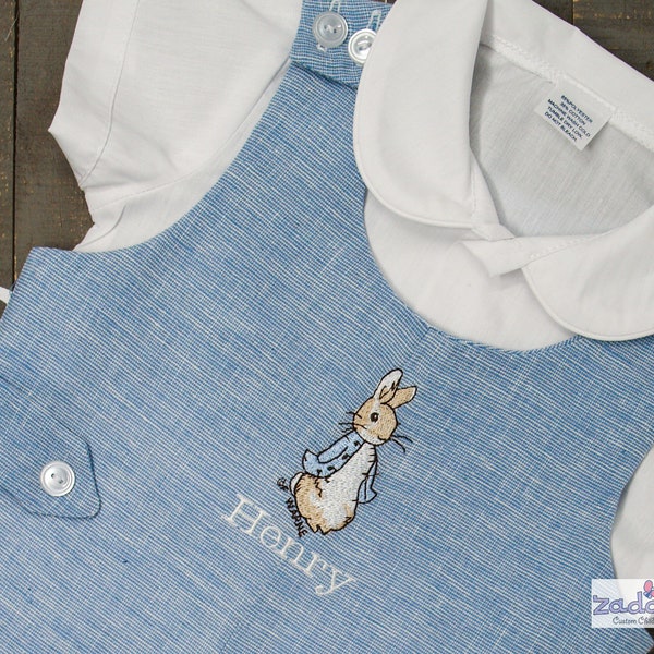 Personalized Monogrammed Classic Blue Linen/Cotton Shortalls-Cap-Short Sleeve Shirt-Easter JonJon-Peter Rabbit Easter Romper Set