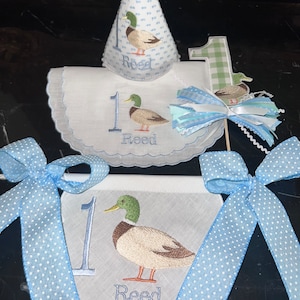 Personalized Embroider Merry Mallard First Birthday-Mallard Birthday Bib-Mallard Banner-Duck Themed Birthday