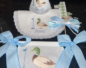 Personalized Embroider Merry Mallard First Birthday-Mallard Birthday Bib-Mallard Banner-Duck Themed Birthday
