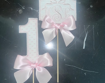 Pink Gingham First Birthday Cake Topper with Bow