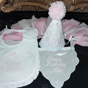Personalized Embroidered First Birthday Bow Bib-Embroidered First Birthday Bib-First Birthday Party Hat-First Birthday Banner-Cake Topper