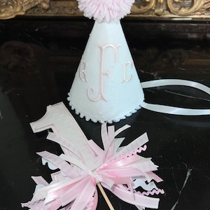 White Swiss Dot Party Hat with Monogram-First Birthday Hat-First Birthday-Party Hat-Cake Topper-Monogram Birthday Hat-Personalized Hat