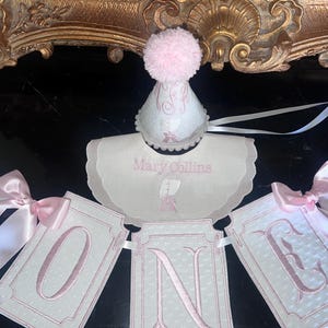 Personalized Embroider One Highchair Banner-First Birthday Wall Banner-Girl Pastel Pink Banner-Cake Topper-Double Scalloped Bonnet Bib