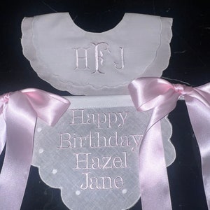 Personalized Embroider Happy Birthday Highchair Banner-Girls Birthday -First Birthday Hat-Cake Topper-Monogram Bib