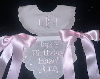Personalized Embroider Happy Birthday Highchair Banner-Girls Birthday -First Birthday Hat-Cake Topper-Monogram Bib