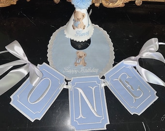 Embroidered Teddy Bear 1st Birthday Set: Hat, Bib & Banner