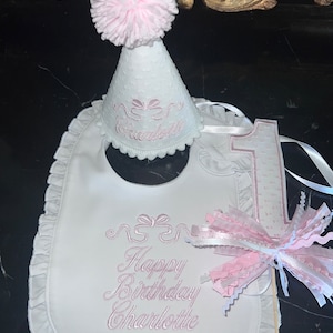 Gepersonaliseerde geborduurde eerste verjaardag strik slabbetje-geborduurde eerste verjaardag slabbetje-eerste verjaardagsfeestje hoed-eerste verjaardag banner-taart topper