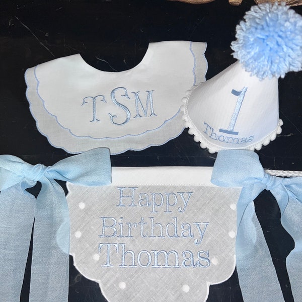 Personalized Embroider Happy Birthday Highchair Banner-Boys Birthday -First Birthday Hat-Cake Topper-Monogram Bib
