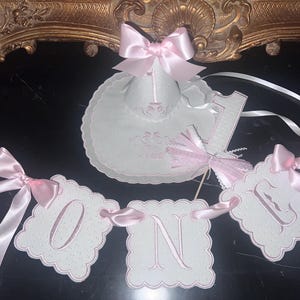 Personalized Embroidered White Swiss Dot One Highchair Banner-White Swiss Dot-One Banner-Birthday Bib-Party Hat-Girls First Birthday