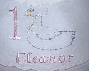 Personalized Heirloom Mother Goose Bib-First Birthday White Double Scalloped Cotton Bib With Pink Trim-Nursery Rhyme Birthday Bib-Girls Bib