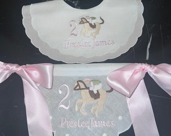 Girl's Jockey Highchair Banner-Wall Banner 2nd Birthday-Kentucky Derby Bib-Pony Second Birthday-Horse Party Banner-Jockey Bib and Banner