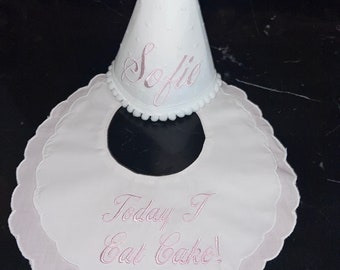 Double Scalloped Cotton Birthday Bib-Today I Eat Cake Bib-First Birthday Bib-Girl's First Birthday Bib-White Swiss Dot Hat