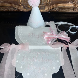 Personalized Embroider Happy Birthday Highchair Banner-Girls Birthday -First Birthday Hat-Cake Topper-White Swiss Dot Bib
