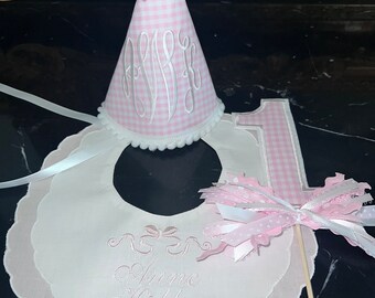 Pink Gingham First Birthday Cake Topper, Bib and or Party Hat