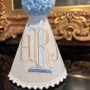 White Seersucker Party Hat with Monogram-First Birthday Hat-First Birthday-Party Hat-Birthday Hat-Monogram Birthday Hat-Personalized Hat