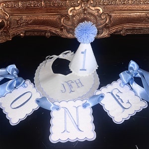 Personalized Embroidered White Swiss Dot One Highchair Banner-Monogram Bib-Blue Gingham Cake Topper-Personalized  First Birthday Hat