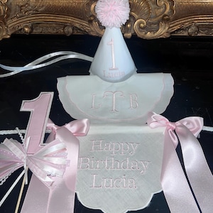 White Swiss Dot Party Hat with Monogram-First Birthday Hat-First Birthday-Birthday Banner-Cake Topper-Monogram Birthday Hat-Personalized Bib