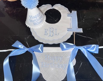 Personalized Embroider Happy Birthday Highchair Banner-Boys Birthday -First Birthday Hat-Cake Topper-Monogram Bib