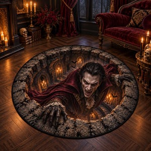 May include: A round area rug featuring a 3D optical illusion of a stone dungeon pit. A vampire with pale skin, sharp fangs, and dark hair wears a deep red velvet cape with gold trim, reaching out from the dark stone opening with clawed hands.