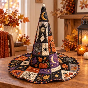 Puede incluir: Un sombrero de bruja acolchado con un diseño de patchwork con motivos otoñales que incluyen calabazas, hojas de otoño, telarañas, estrellas, una luna creciente y un reloj de pie con el número 15, en tonos naranja, morado y negro.