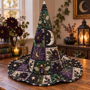 May include: A quilted cone-shaped hat featuring a patchwork design of dark green and purple fabric. The pattern includes embroidered illustrations of beetles with gemstone accents, crescent moons, spider webs, stars, and dark floral motifs.