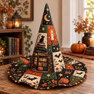 Patchwork Library Cat Quilted Witch Hat: Halloween Costume Accessory, Spooky Gift Ideas, Halloween Decor
