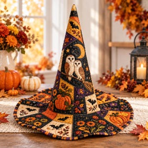 Patchwork Owl Quilted Witch Hat: Pumpkin Moon Halloween Costume Accessory, Spooky Gift Ideas