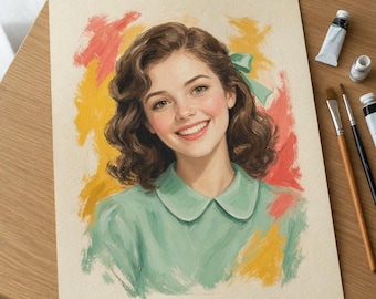 Custom Vintage Gouache Portrait from Photo, Hand Painted 1950s Illustration Style Portrait, Memorial or Gift for Mom or Dad, 12x16 Paper