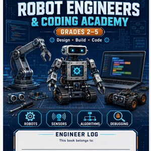Peut inclure: Une couverture de livre éducatif bleu foncé intitulée Wild Boy Academy Robot Engineers & Coding Academy pour les niveaux 2-5. Elle présente un robot central, un bras robotique, un ordinateur portable avec du code et des composants électroniques.