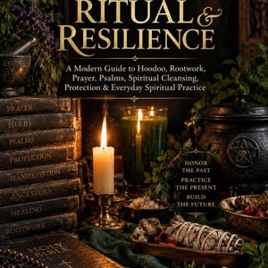 May include: A book titled Roots, Ritual & Resilience by Raquel Kilgore-Collins. The cover features a stack of antique books, a lit candle in a brass holder, a green candle, a cast iron cauldron, a sage bundle, and a Holy Bible with prayer beads.