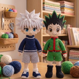 May include: Two amigurumi dolls featuring anime-inspired designs. The left doll has spiky white hair, blue eyes, a navy blue long-sleeved shirt, and gray shorts. The right doll has spiky black hair, brown eyes, a green jacket with red trim, and green shorts.