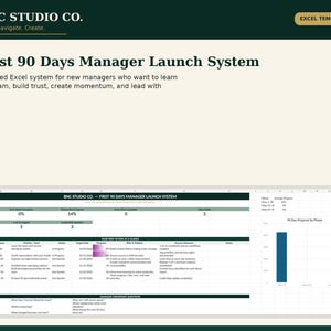 Puede incluir: Una plantilla digital de Excel titulada First 90 Days Manager Launch System de BNC Studio Co. La interfaz muestra métricas de seguimiento de progreso, una tabla de tareas por fase con estado, fechas objetivo y medidas de éxito, y un gráfico.