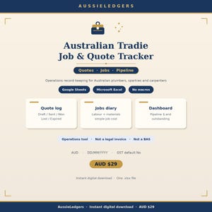 May include: A digital Australian Tradie Job & Quote Tracker spreadsheet template for Google Sheets and Microsoft Excel. The interface features sections for a quote log, jobs diary, and dashboard, with text detailing operations for tradespeople.