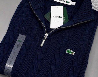 Lacoste marineblauer Zopfstrickpullover mit halbem Reißverschluss, klassische Passform (neu mit Etikett)