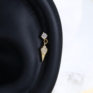14K Solid Gold Spike Lab Diamond Dangle Cartilage Earring Flat Back Push Pin Stud