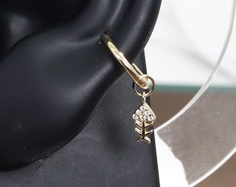 14K Solid Gold Lab Grown Diamond Fishbone Hoop Earring Charm