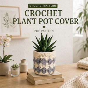 Op de afbeelding: Een gehaakte plantenpotcover met een ruitpatroon in crème en gedempt paars garen. De cover staat op twee gestapelde boeken. De tekst op de afbeelding luidt: CROCHET PATTERN, CROCHET PLANT POT COVER, PDF PATTERN. Het ontwerp is cilindervormig.