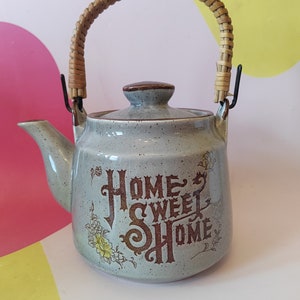 Vintage Japanese 1970&#39;s Stoneware Studio Pottery &quot;Home Sweet Home&quot; Teapot with Bamboo handle