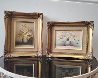 Vintage Pair of Original Oil Paintings, Floral Still Life