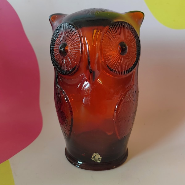 tirelire « Cascade » vintage en verre ambré hibou en verre ambré