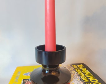 Vintage Mid Century Black Glass Candlestick Holder