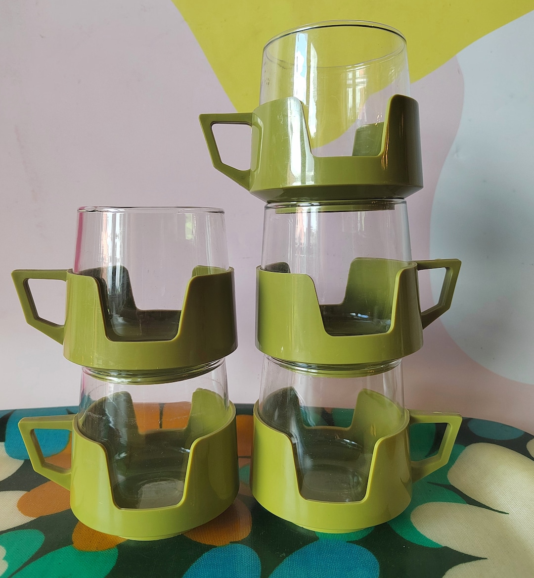 Set of 5 1970's Plastic and Glass Pyrex Tea Cups in Green Etsy