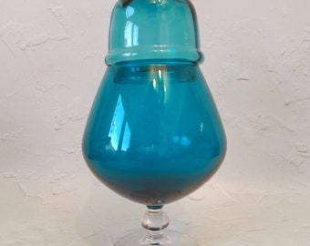 Grand pot en verre bleu vintage/ bouteille Empoli avec couvercle