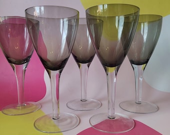 Set of 5 Vintage Smoked Glass Large Wine Glasses