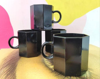 Set of 4 Octagonal Vintage French Black Glass Mugs
